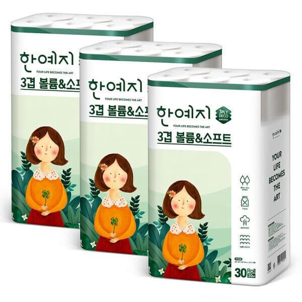한예지 한예지 볼륨앤소프트 천연펄프 화장지 30롤 3팩