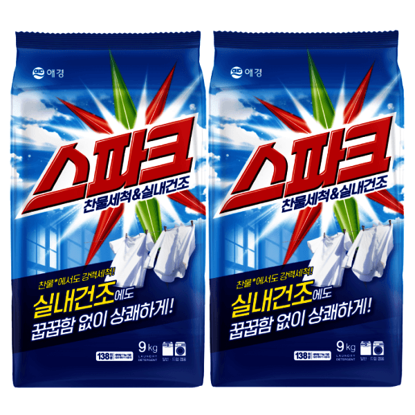 애경-스타배송 스파크 찬물세척+실내건조 세탁세제 9Kg 1+1